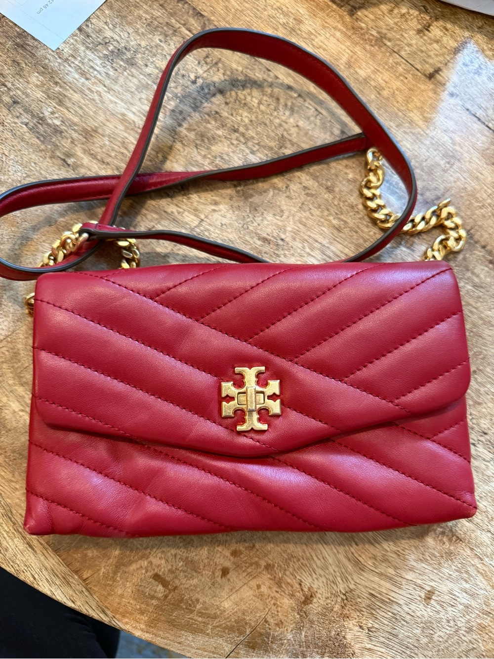 Tory Burch Chevron Quilted Red Leather Crossbody with Gold Logo